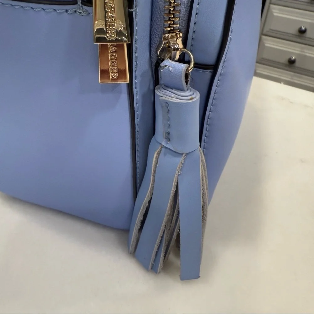 KC JAGGER Women’s Periwinkle Blue Leather Backpack, Front Zip Pocket Tassel